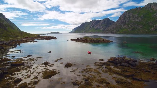 Row boat off Lofoten Island, aerial