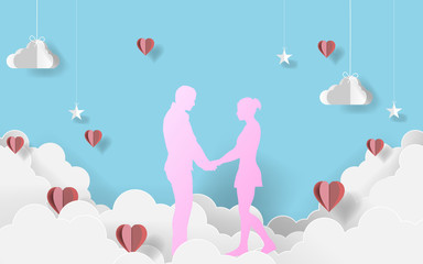 Paper art couple on clouds. Happy valentine's day. Craft paper design. Vector illustration. EPS 10
