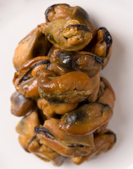 Mussels on a plate from a top down point of view