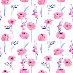Watercolor pink poppies and floral branches seamless pattern, hand drawn on a white background