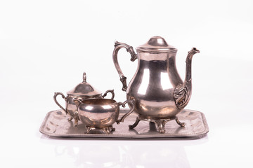 art deco silver sugar bowl and teapot on a tray