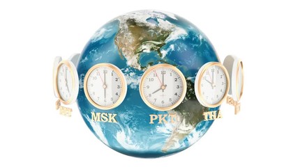World Timezone concept. The rotating Earth and the clocks rotating around, 3D rendering - Powered by Adobe