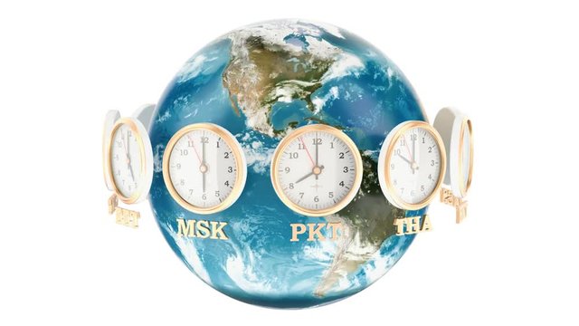 World Timezone concept. The rotating Earth and the clocks rotating around, 3D rendering