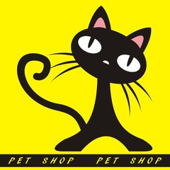 Pet shop, black cat, funny vector illustration