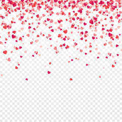 Heart confetti. Valentines, Womens, Mothers day background with falling red and pink paper hearts, petals. Greeting wedding card. February 14, love.Transparent background.