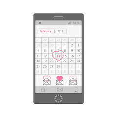 Mobile phone with calendar February 14 on a white background