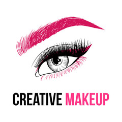 Beautiful Colorful woman eye with creative make-up. Pink eyebrow, long pink eyelashes and unusual makeup with pink shadows. Logo design for creative make-up artist. Vector illustration