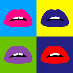 Set Open Sexy red, pink, blue, purple lips with teeth pop art. Vector pop art fashion backgrounds