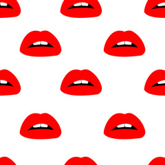 Cosmetics and makeup seamless pattern. Closeup beautiful lips of woman with red lipstick. Sexy lip make-up. Open mouth. Sweet kiss. Seamless pattern in pop style