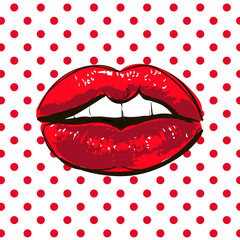 Woman red lips icon illustration. Female red mouth shape with teeth. Beautiful kiss symbol with lipstick makeup for love poster, fashion banner, greeting card design. Pop art polka dot background