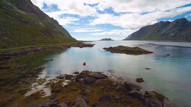 Aerial, row boat floats in Lofoten Island