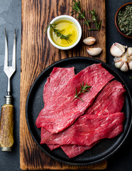 Fresh raw meat beef steaks. Beef tenderloin in cast iron pan on wooden board, spices, herbs, oil on slate gray background. Food background with copy space