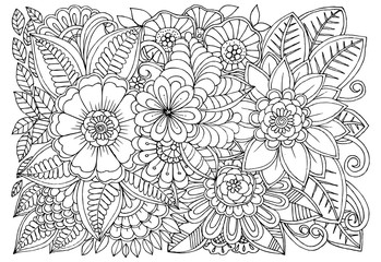 Black and white flower pattern for adult coloring book. Doodle floral drawing. Art therapy coloring page. Printable card