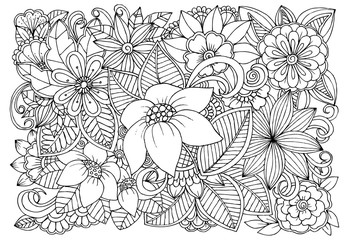 Obraz premium Black and white flower pattern for adult coloring book. Doodle floral drawing. Art therapy coloring page. Printable card