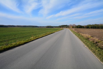 Fototapeta na wymiar droga asfaltowa przez pola i lasy