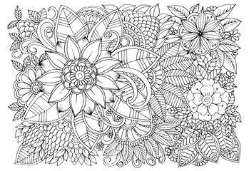 Black and white flower pattern for adult coloring book. Doodle floral drawing. Art therapy coloring page. Printable card