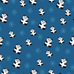Fototapeta na wymiar panda festive on blue background with snowflakes, new year background, seamless pattern with animals