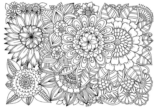 Black and white flower pattern for adult coloring book. Doodle floral drawing. Art therapy coloring page. Printable card