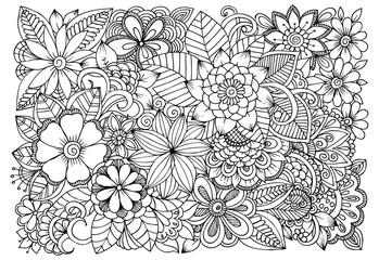 Fototapeta premium Doodle floral drawing. Art therapy coloring page.