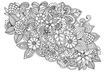  Doodle floral drawing. Art therapy coloring page.