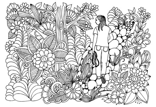 Black and white flower pattern for adult coloring book. Doodle floral drawing. Art therapy coloring page.