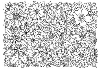 Obraz premium Black and white flower pattern for adult coloring book. Doodle floral drawing. Art therapy coloring page.
