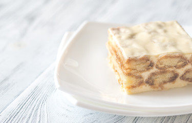 Tiramisu on the white plate