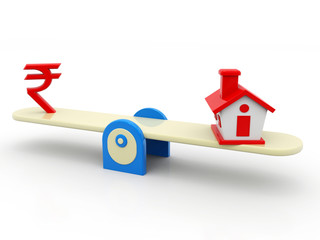 Real Estate Concept, Real estate Indian Rupee and house balance. 3d illustration