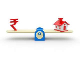 Real Estate Concept, Real estate Indian Rupee and house balance. 3d illustration