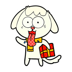 cute cartoon dog with christmas present