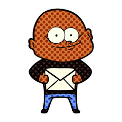 cartoon bald man staring with letter