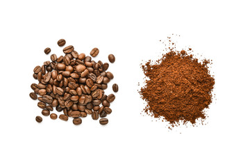 fresh and ground coffee beans on white background