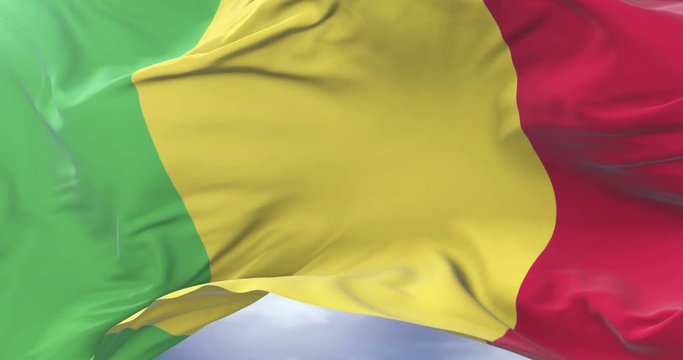 Malian flag waving at wind with blue sky in slow, loop