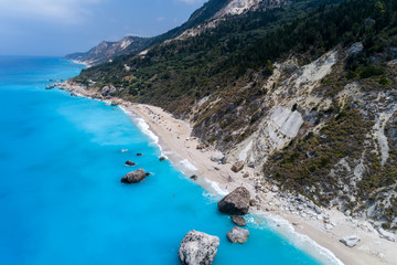 Aerial view of famous beach of Megali Petra on the island of Lefkada, Greece