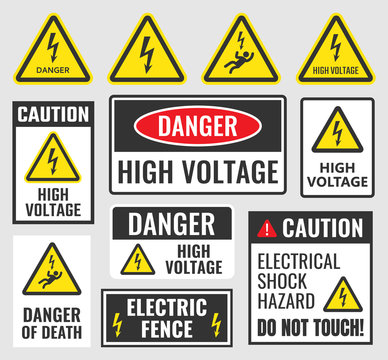 high voltage sign set, danger label vector illustration