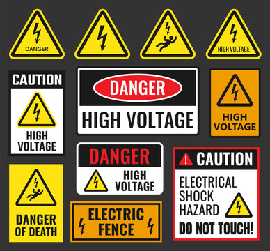 danger signs set, high voltage labels, vector illustration