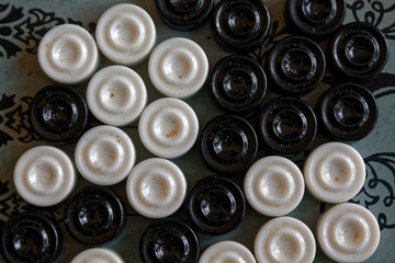 Backgammon opened, mini table game for journey, top view