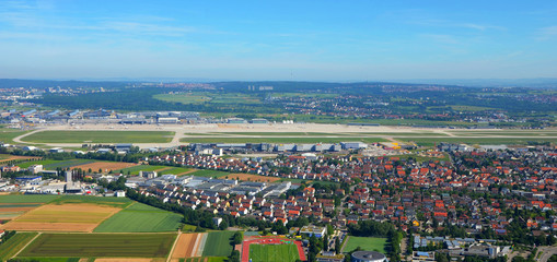 Aerial view of Stuttgart area with Stuttgart Airport (STR) on a sunny day