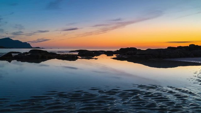 Timelapse, tide rolls off beach at sunset