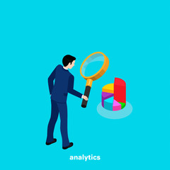 a man in a business suit looks at a pie chart through a magnifying glass, an isometric image