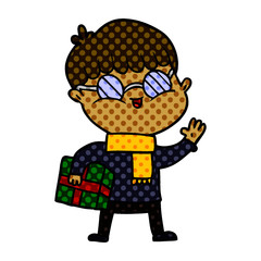 cartoon boy wearing spectacles carrying gift