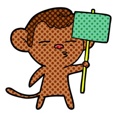 cartoon suspicious monkey with signpost