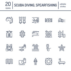 Scuba diving, snorkeling line icons. Spearfishing equipment, mask tube, flippers, swim suit. Water sport thin linear signs.