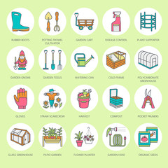 Gardening, planting and horticulture line icons. Garden equipment, organic seeds, fertilizer, greenhouse, pruners, watering can and other tools. Vegetables, flower cultivation linear signs.