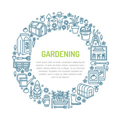 Gardening, planting and horticulture banner with vector line icon. Garden equipment, organic seeds, greenhouse, pruners watering can and other tools. Vegetables, flower cultivation thin linear poster.