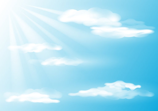bright sky with clouds and sun rays. Nature background. Vector illustration. Eps 10.