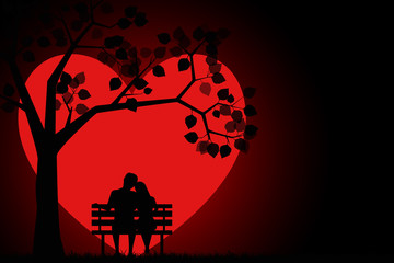 Romantic silhouette of loving couple sitting on a bench under a tree on a background of the moon in the shape of a heart. Valentines Day Card. Happy Lovers.  Vector illustration