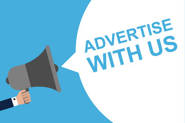 Hand Holding Megaphone With Speech Bubble ADVERTISE WITH US . Announcement. Vector illustration