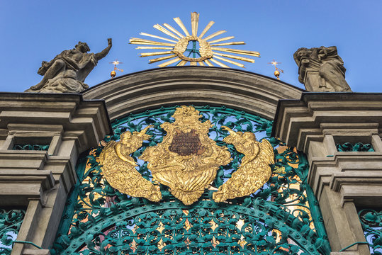 Details of entry gate of Visitation of Blessed Virgin Mary Basilica in Swieta Lipka village, Poland