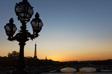 Fototapeta na wymiar Eiffel tower viewed from Alexander III bridge in Paris, France, October 14, 2017